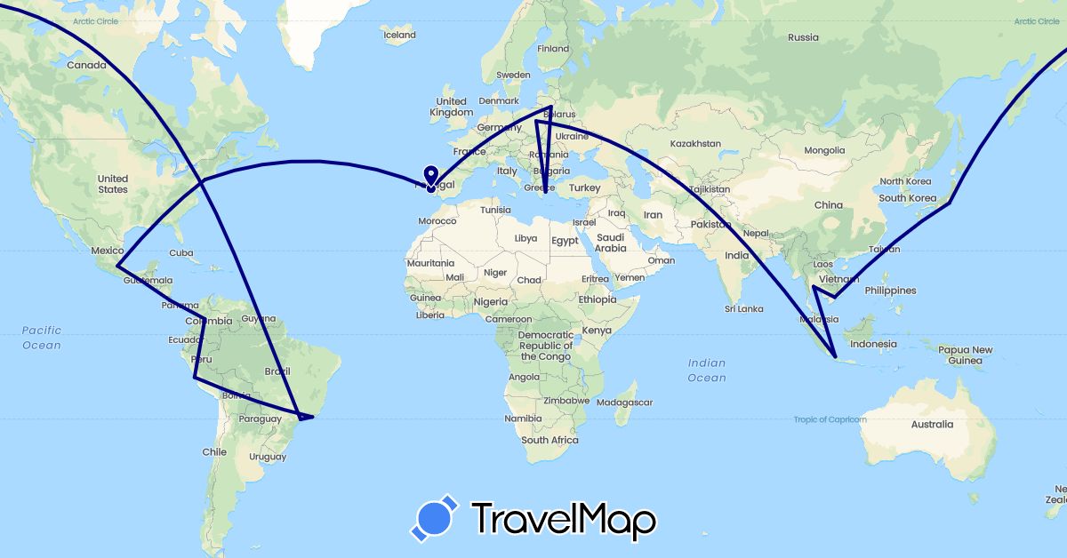 TravelMap itinerary: driving in Brazil, Colombia, Costa Rica, Greece, Indonesia, Japan, Lithuania, Mexico, Peru, Poland, Portugal, Thailand, United States, Vietnam (Asia, Europe, North America, South America)